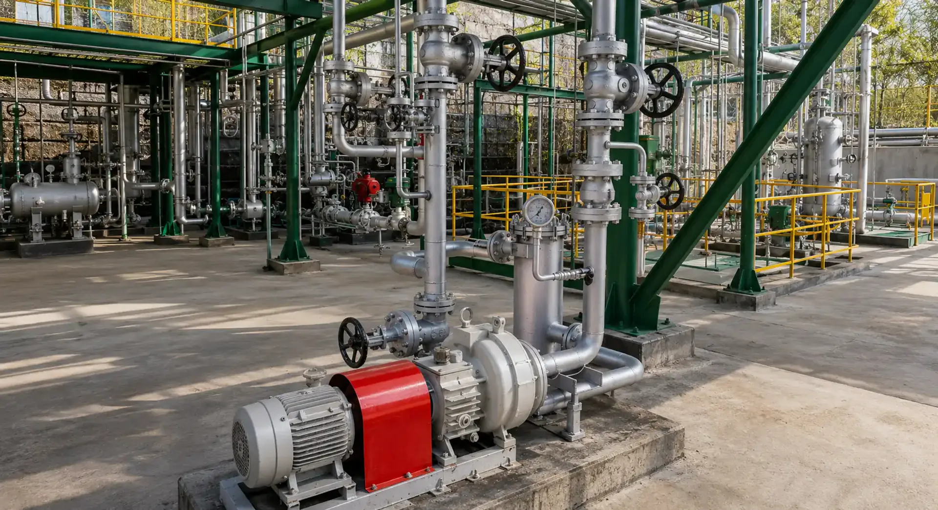 Carbon black processing plant pump system with enclosed process piping